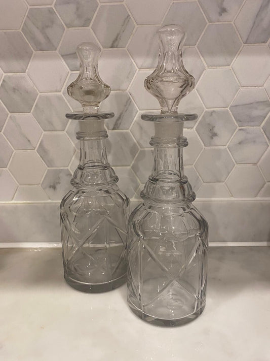 Rare Antique Pair Decanters C 1840 19th Cen Crystal Cut Glass Mallet Christmas