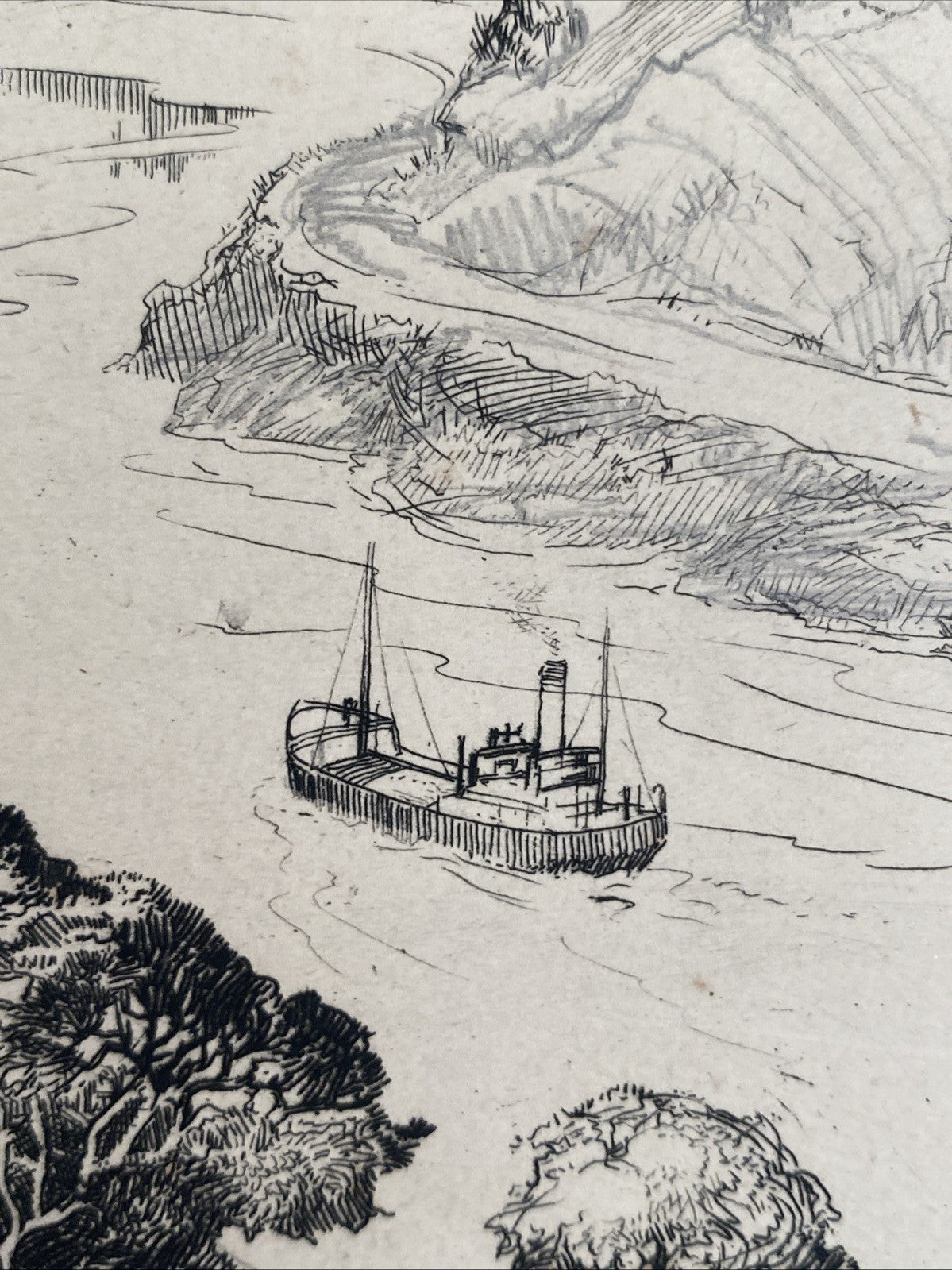 Rare Antique Original Etching Bristol Clifton Suspension Bridge River Avon Ship