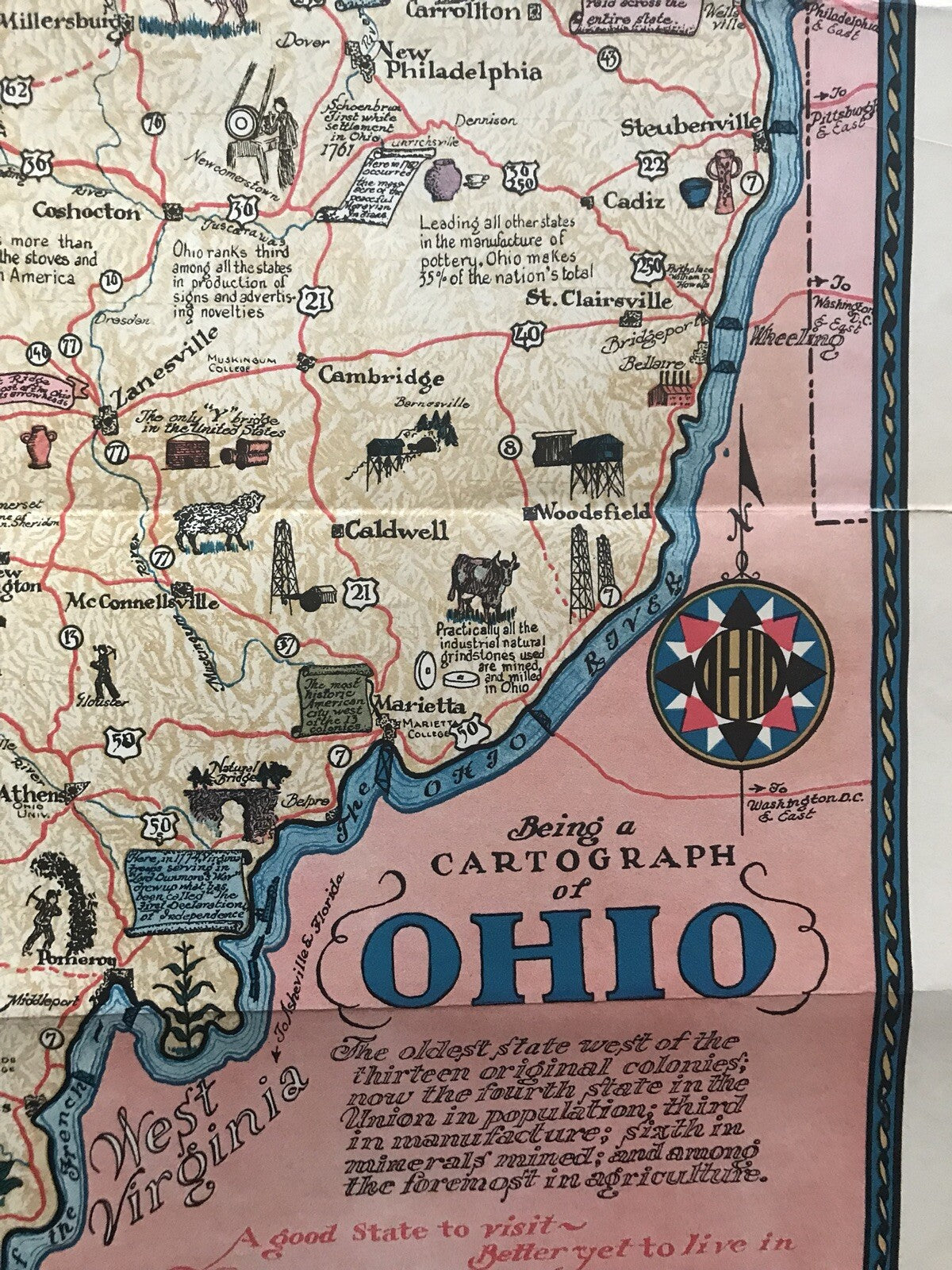 Original Vintage Being A Cartograph Of Ohio 1933 America Art Deco Poster Map