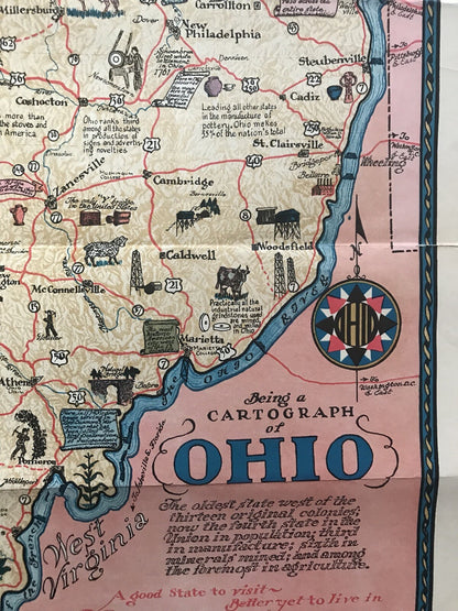 Original Vintage Being A Cartograph Of Ohio 1933 America Art Deco Poster Map