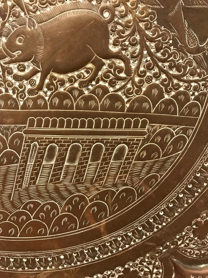 Antique 19th Century Indian Brass Tray Hunting Scene Wild Boar Engraved Embossed