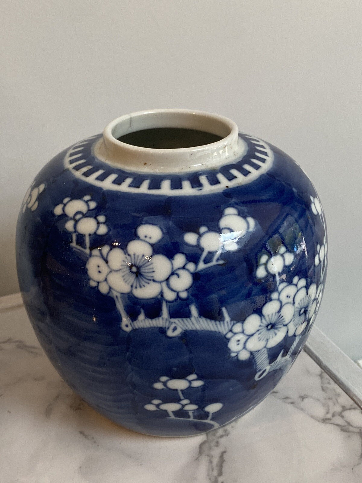 Antique Chinese Blue And White Prunus Ginger Jar Kangxi Double Ring Mark Asian