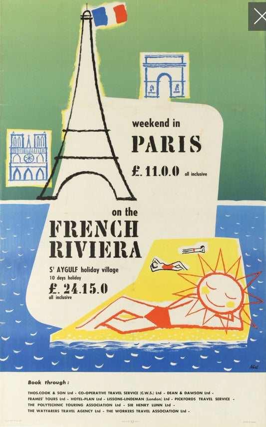 Original Vintage 1957 Travel Advertising Tourism Poster Paris Cote D’Azur France