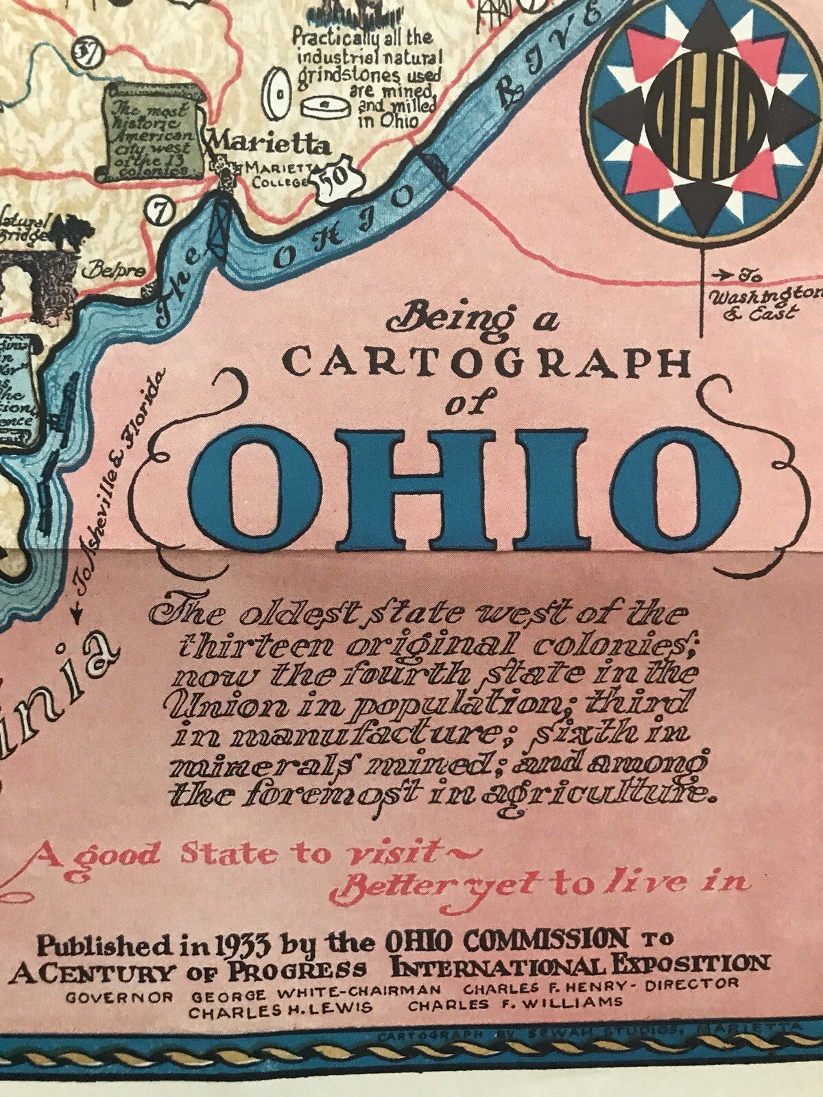Original Vintage Being A Cartograph Of Ohio 1933 America Art Deco Poster Map