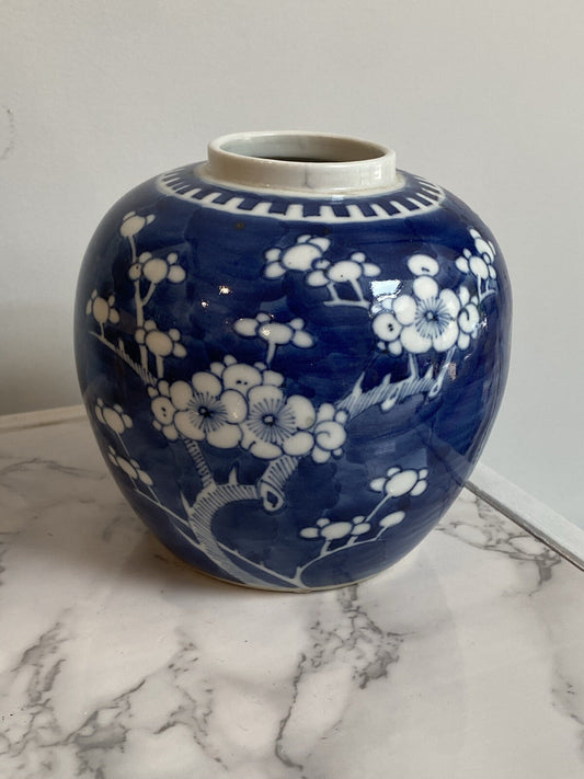 Antique Chinese Blue And White Prunus Ginger Jar Kangxi Double Ring Mark Asian