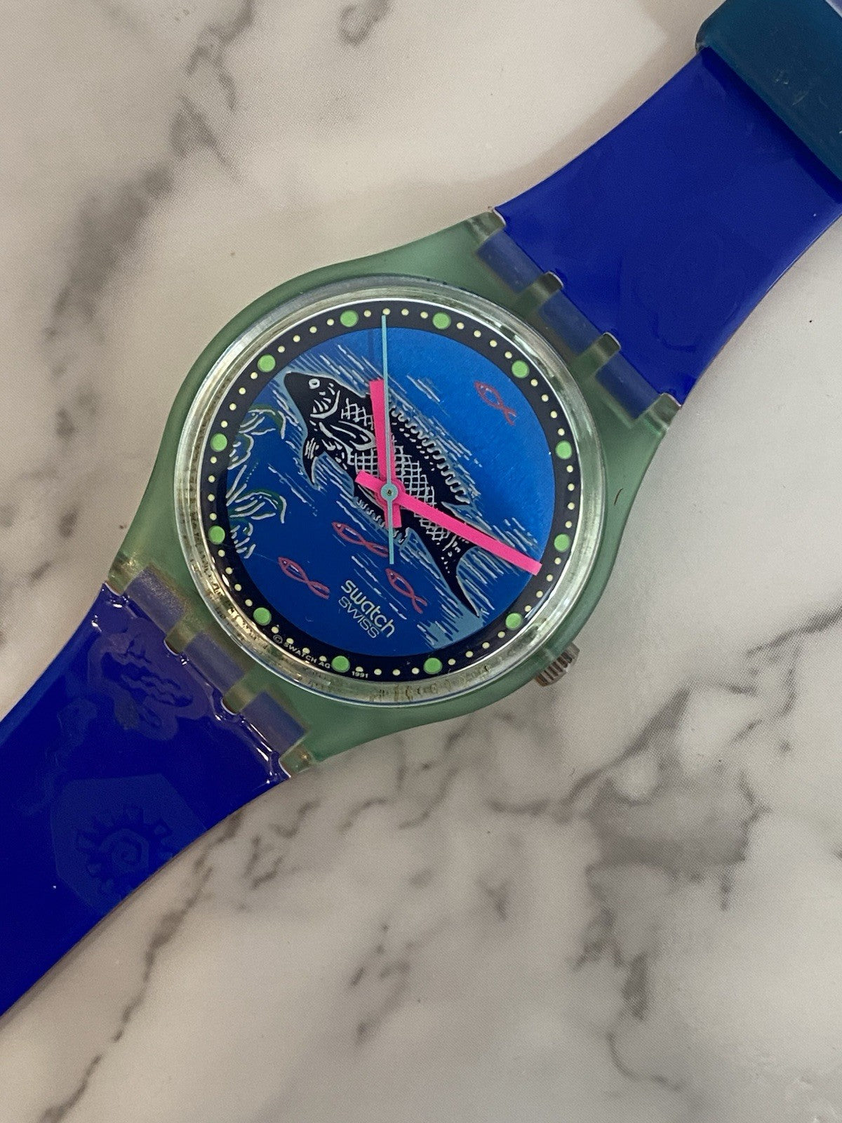 Swatch Vtg Frische 1992 Watch Boxed Papers Working Swiss Gents Mens Fish Quartz