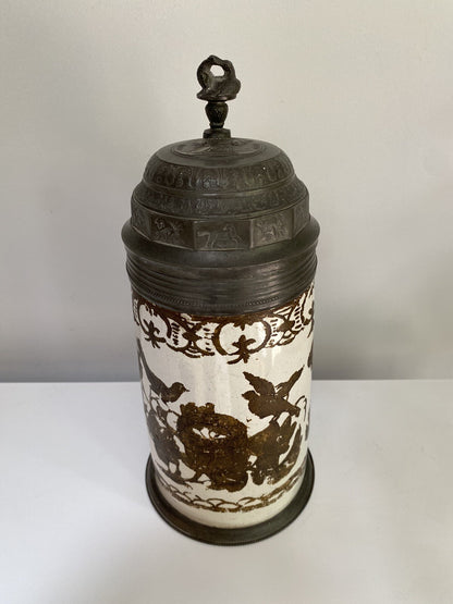 Rare Antique German Faience Pewter Beer Stein Schrezheim Factory Cold Painted