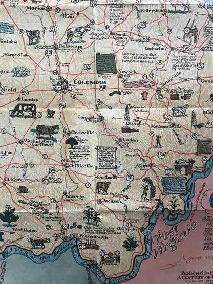 Original Vintage Being A Cartograph Of Ohio 1933 America Art Deco Poster Map