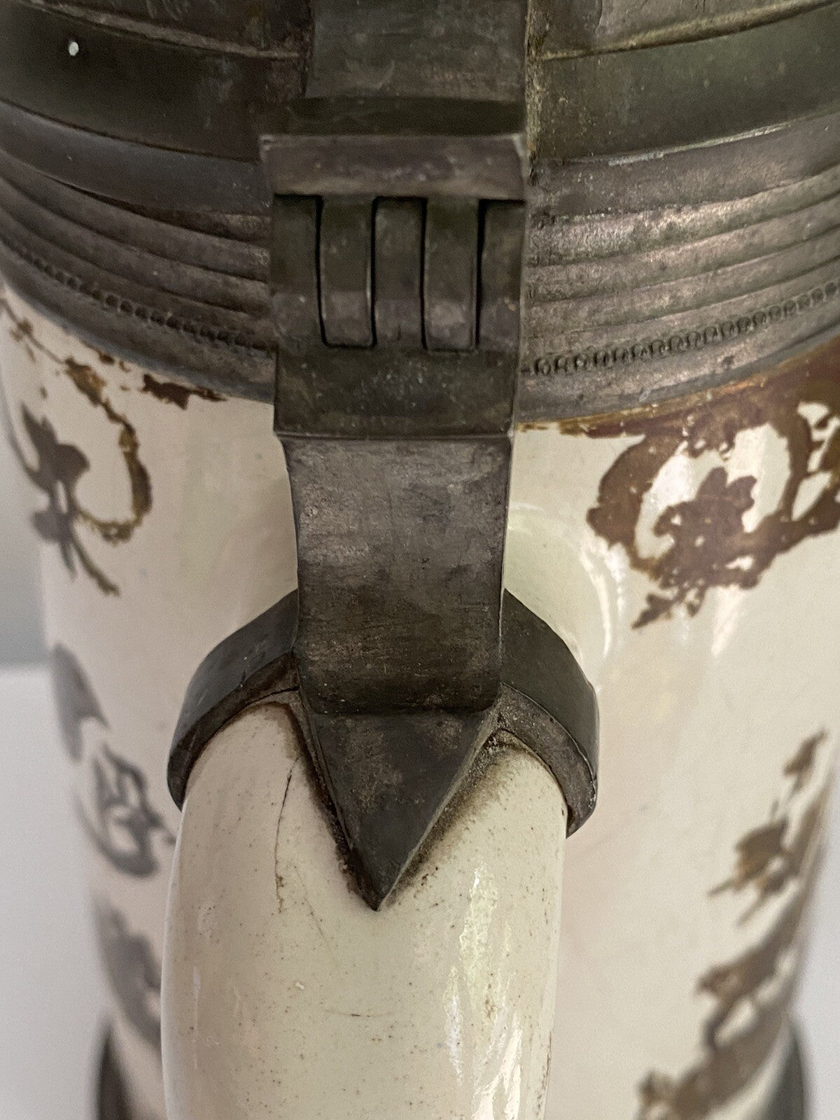Rare Antique German Faience Pewter Beer Stein Schrezheim Factory Cold Painted