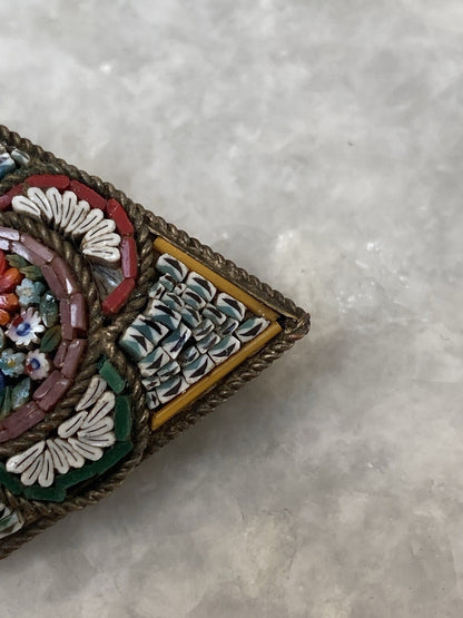 Antique Italian Glass Micro Mosaic Brooch Gold Tone Metal Jewellery Floral Italy