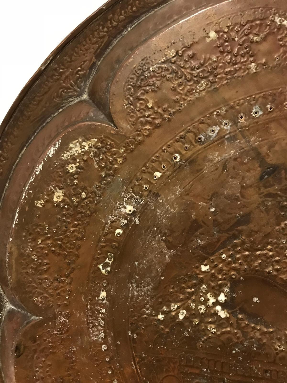 Antique 19th Century Indian Brass Tray Hunting Scene Wild Boar Engraved Embossed