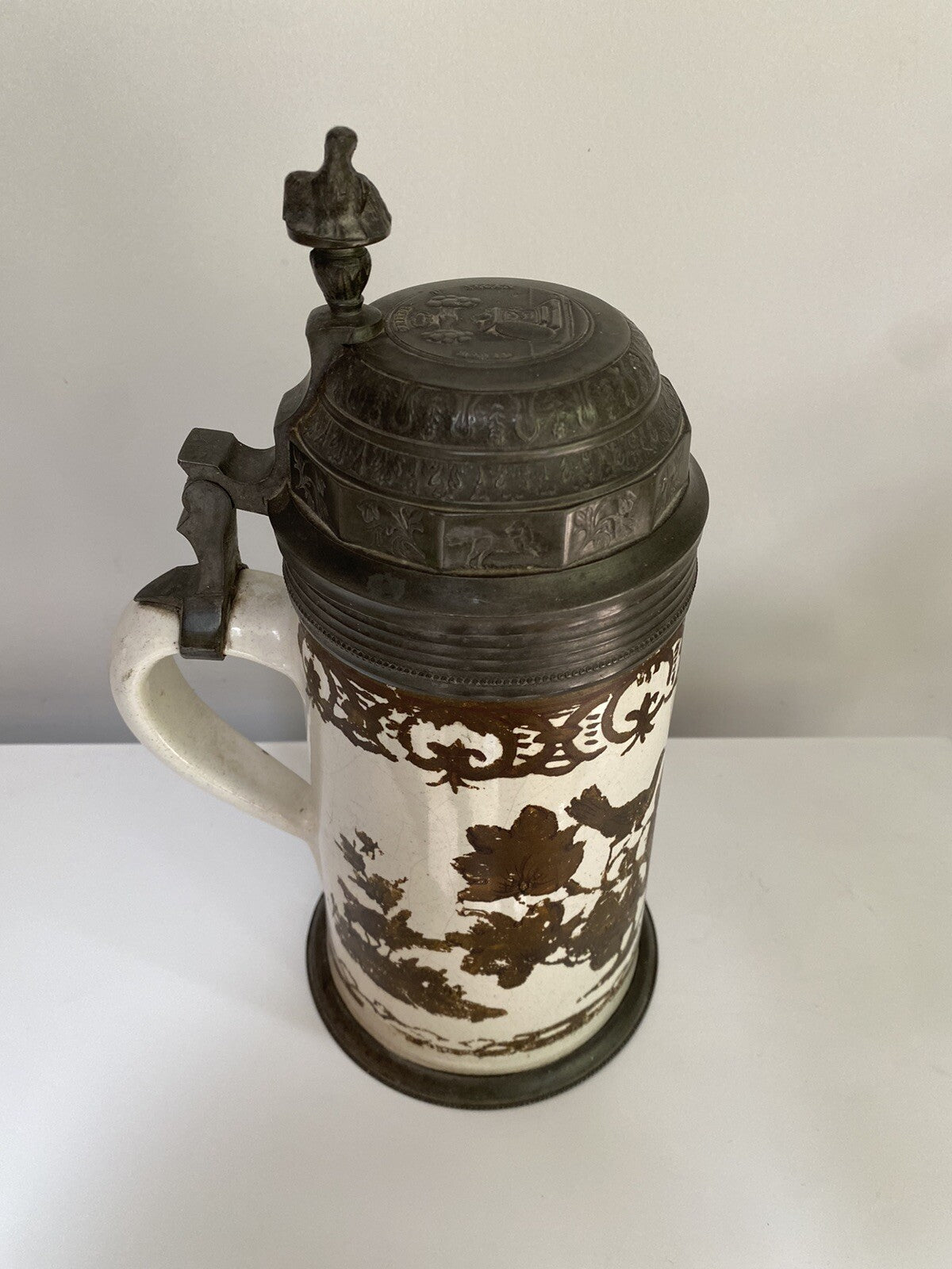 Rare Antique German Faience Pewter Beer Stein Schrezheim Factory Cold Painted