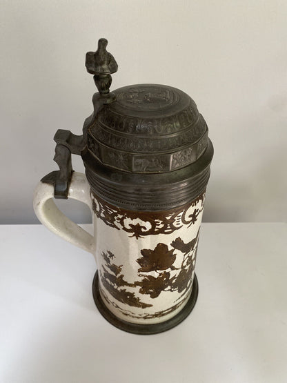 Rare Antique German Faience Pewter Beer Stein Schrezheim Factory Cold Painted
