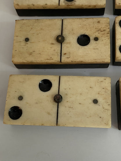 Antique Vintage 28 Bone & Ebony Dominos with Brass Pins Full Set In Box 19th C