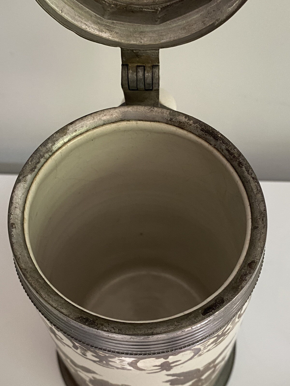Rare Antique German Faience Pewter Beer Stein Schrezheim Factory Cold Painted