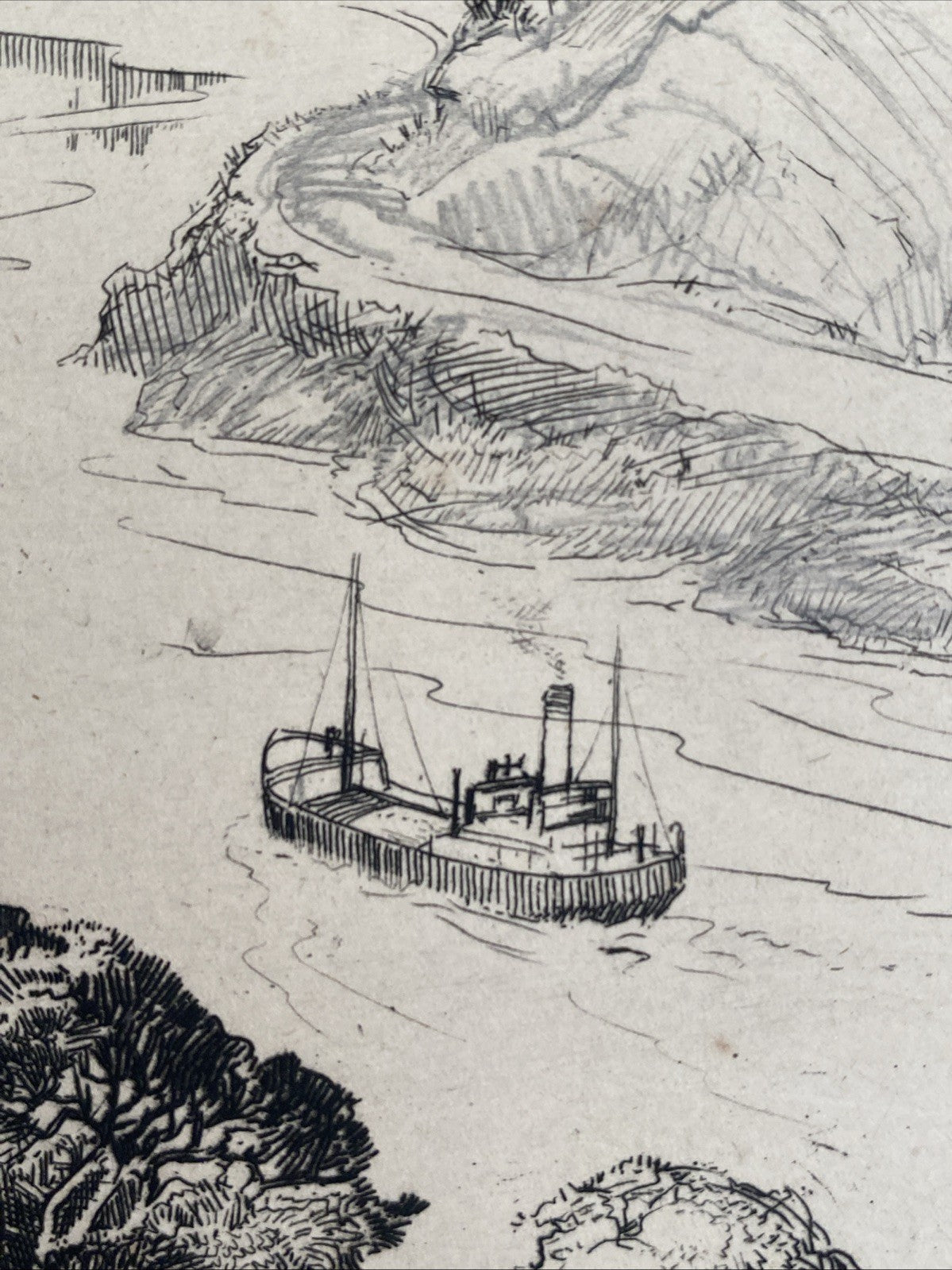 Rare Antique Original Etching Bristol Clifton Suspension Bridge River Avon Ship
