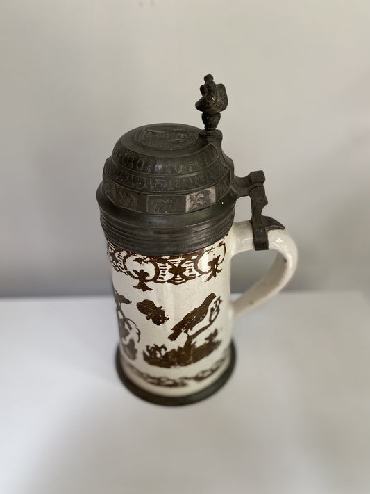 Rare Antique German Faience Pewter Beer Stein Schrezheim Factory Cold Painted