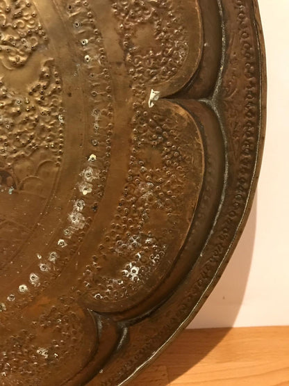 Antique 19th Century Indian Brass Tray Hunting Scene Wild Boar Engraved Embossed