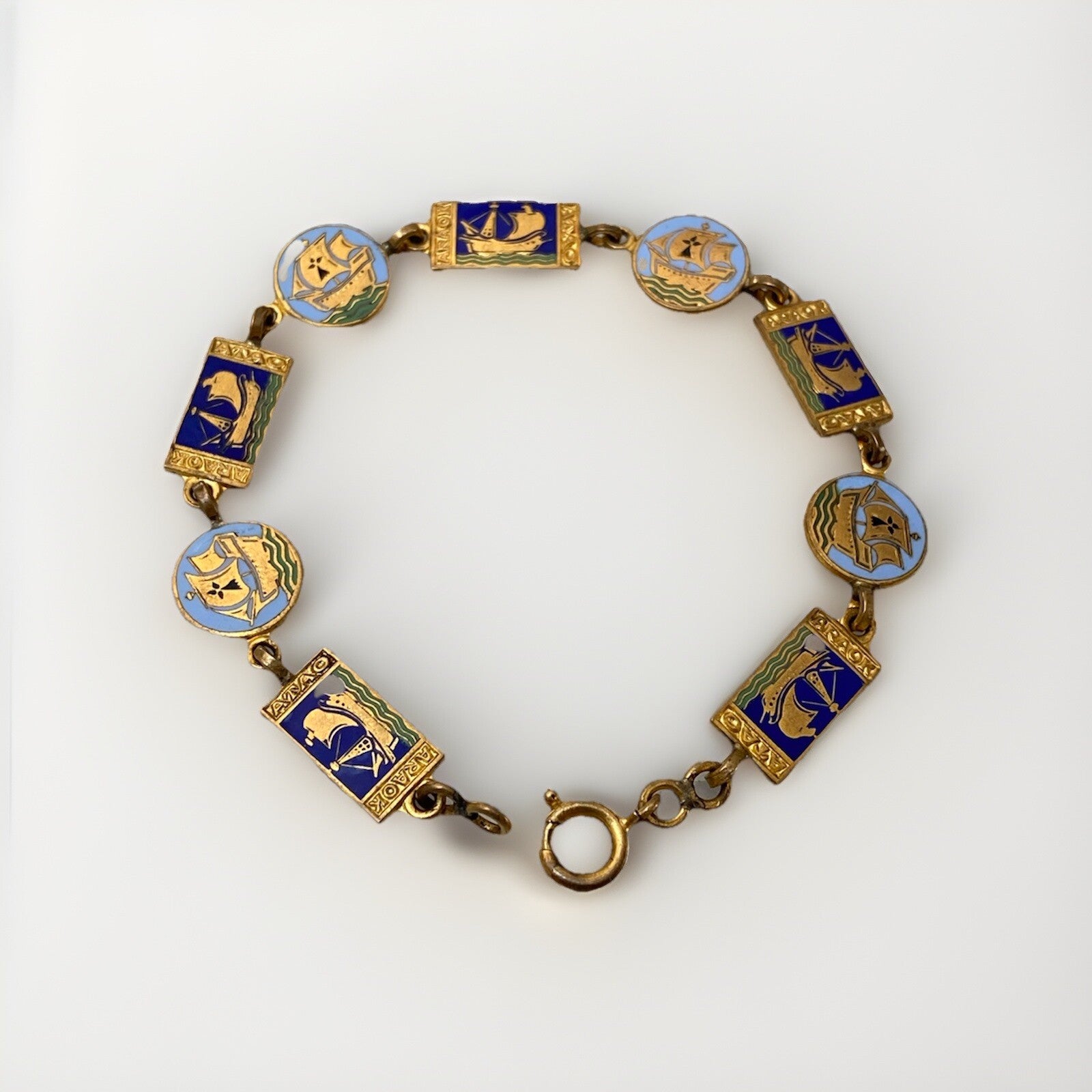 Rare Art Deco Kelt Studio Creston Celtic Enamel Bracelet Ship Boat French France