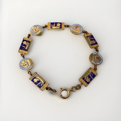 Rare Art Deco Kelt Studio Creston Celtic Enamel Bracelet Ship Boat French France