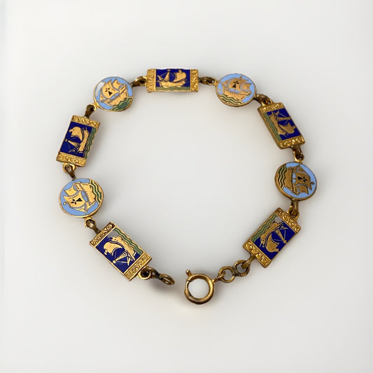 Rare Art Deco Kelt Studio Creston Celtic Enamel Bracelet Ship Boat French France