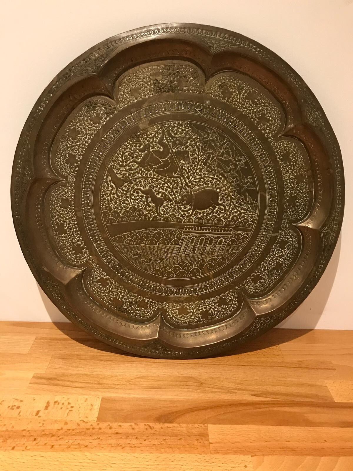 Antique 19th Century Indian Brass Tray Hunting Scene Wild Boar Engraved Embossed