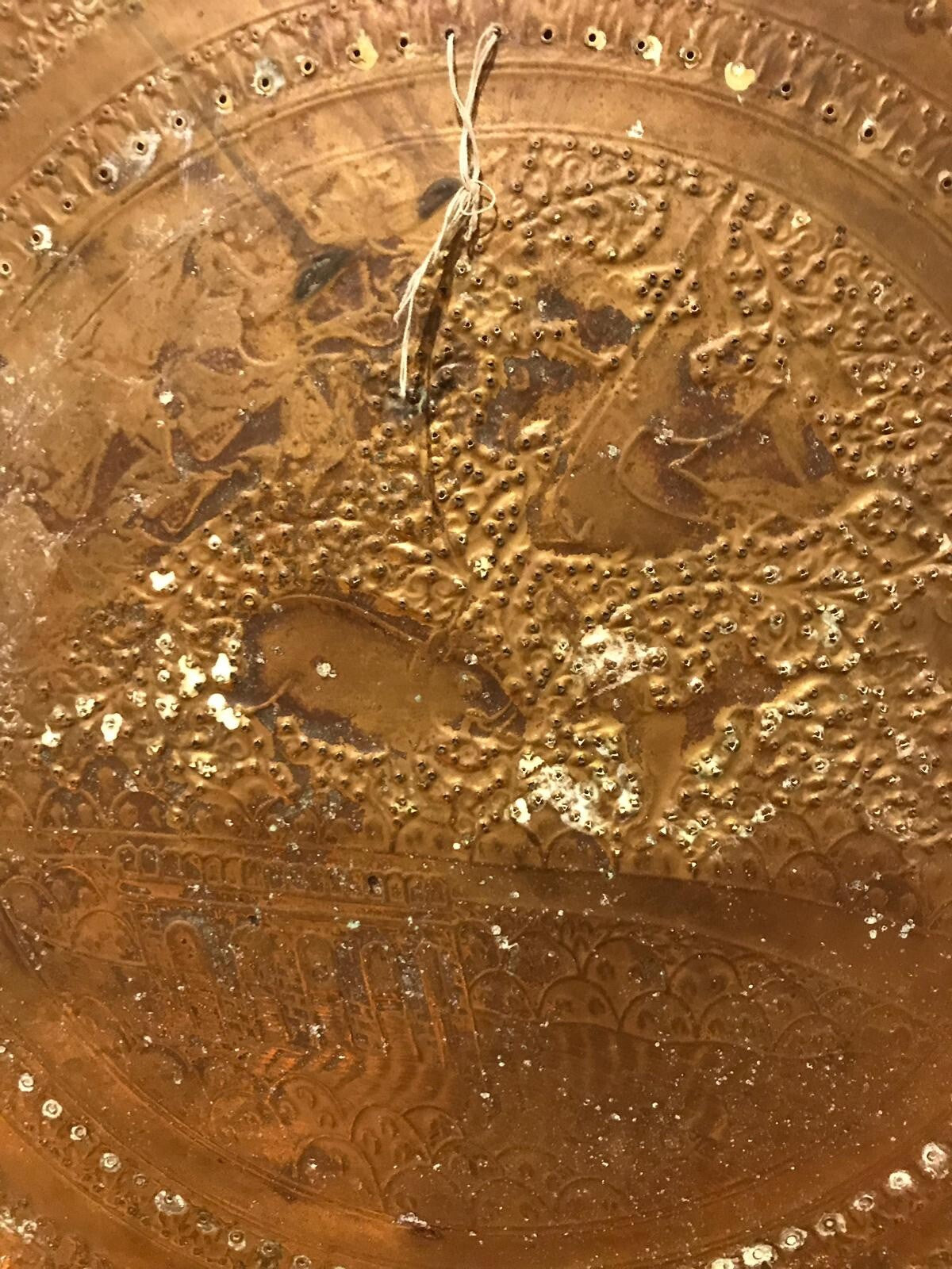 Antique 19th Century Indian Brass Tray Hunting Scene Wild Boar Engraved Embossed