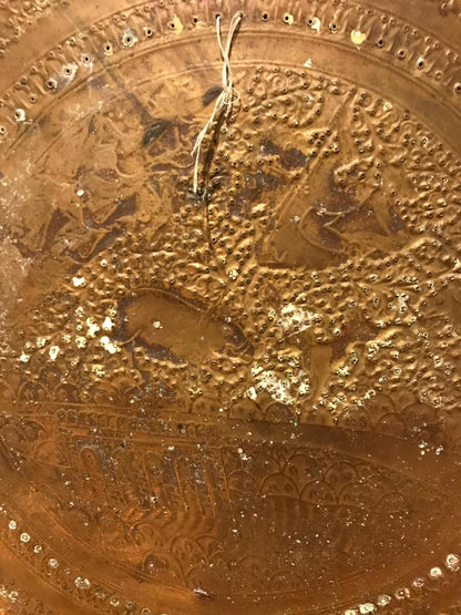 Antique 19th Century Indian Brass Tray Hunting Scene Wild Boar Engraved Embossed