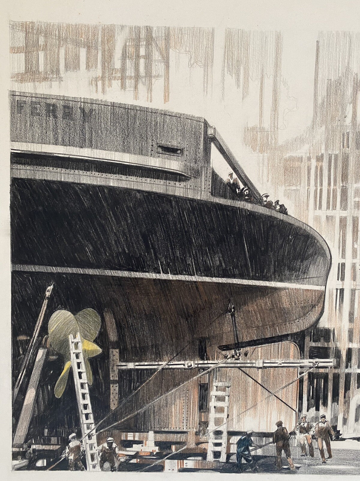 Original Leslie Carr Painting Ferry In Docks Ship Art Deco Poster Design