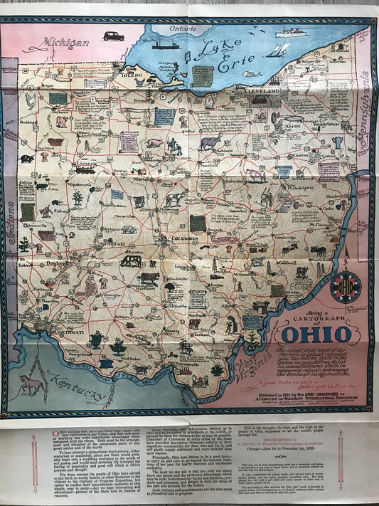 Original Vintage Being A Cartograph Of Ohio 1933 America Art Deco Poster Map