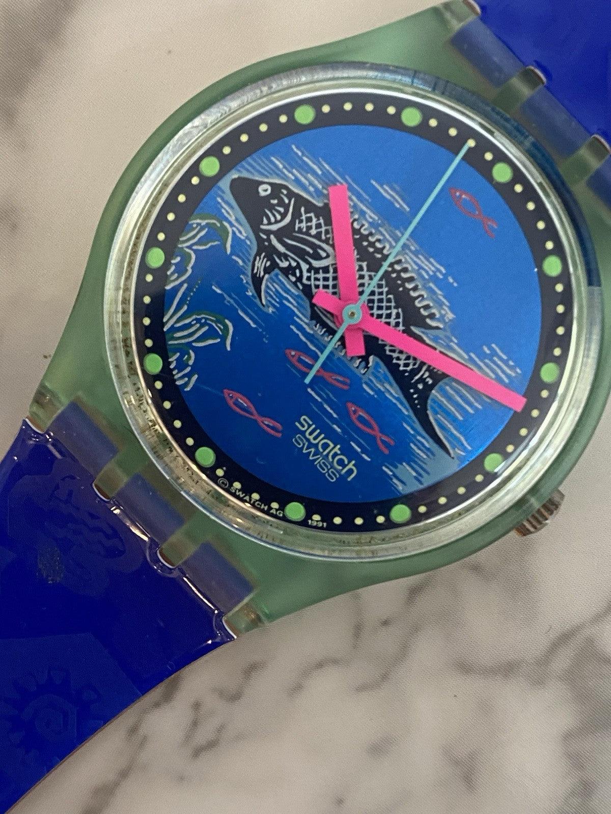 Swatch Vtg Frische 1992 Watch Boxed Papers Working Swiss Gents Mens Fish Quartz
