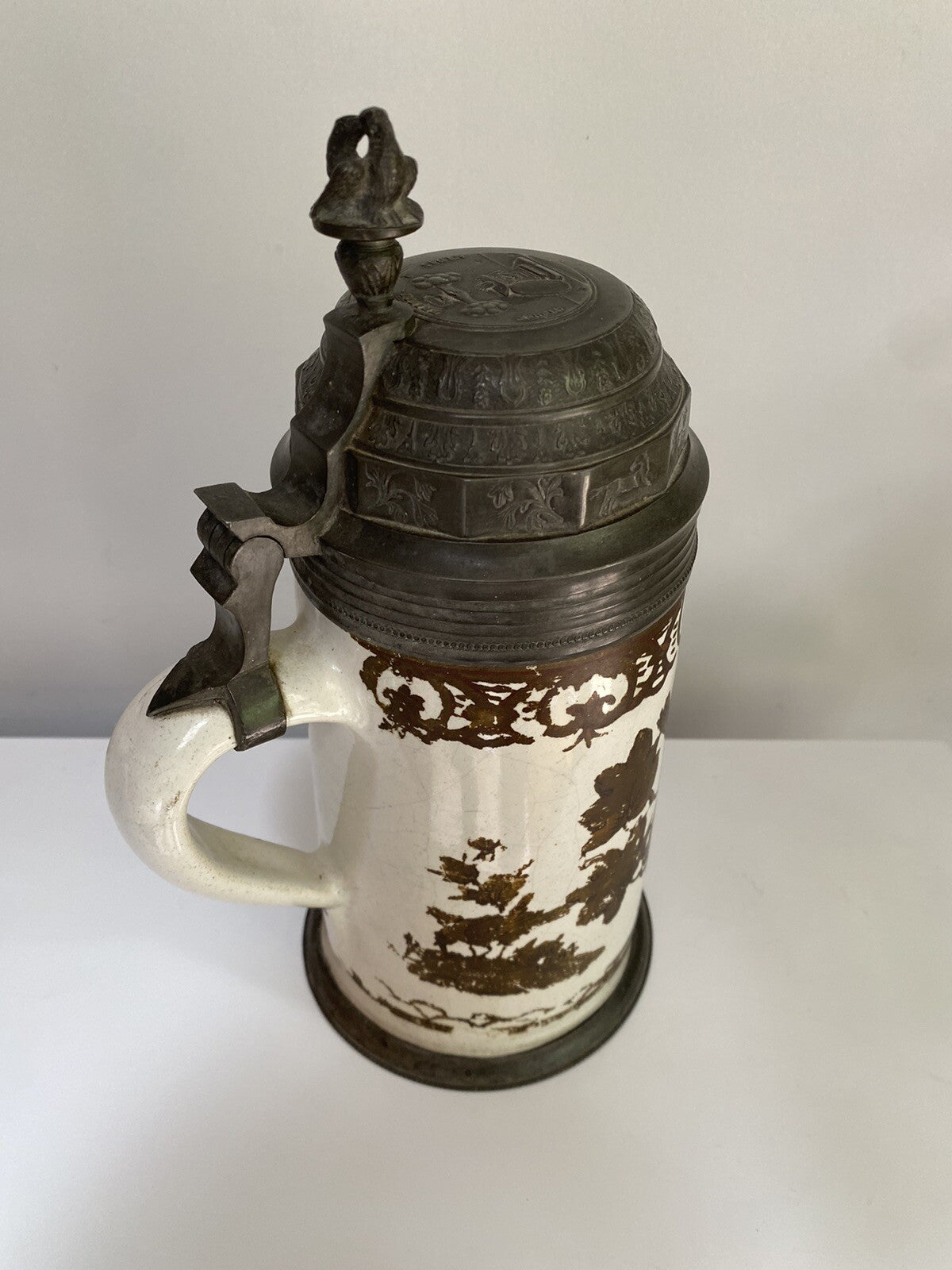 Rare Antique German Faience Pewter Beer Stein Schrezheim Factory Cold Painted