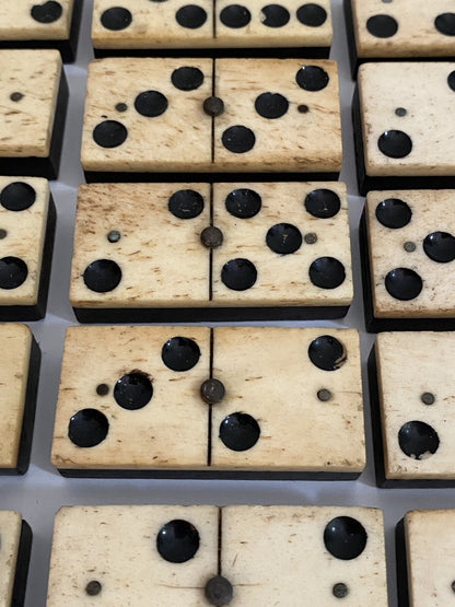 Antique Vintage 28 Bone & Ebony Dominos with Brass Pins Full Set In Box 19th C
