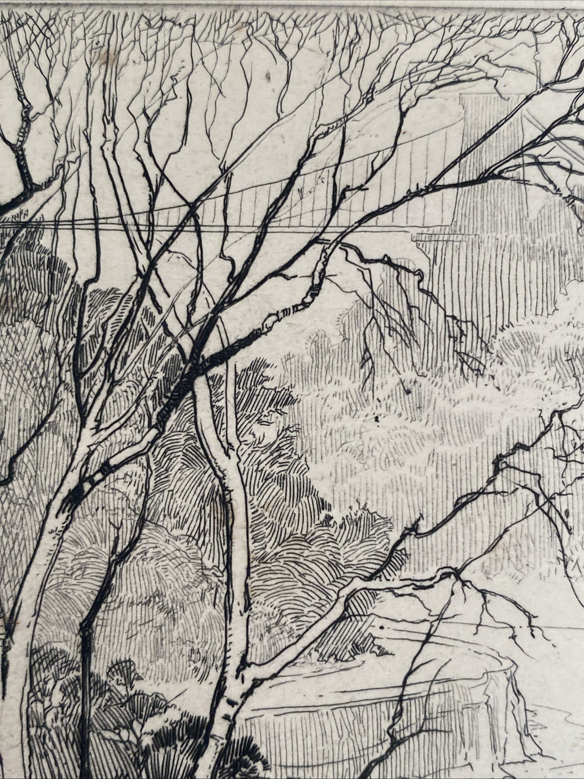 Rare Antique Original Etching Bristol Clifton Suspension Bridge River Avon Ship
