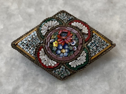 Antique Italian Glass Micro Mosaic Brooch Gold Tone Metal Jewellery Floral Italy