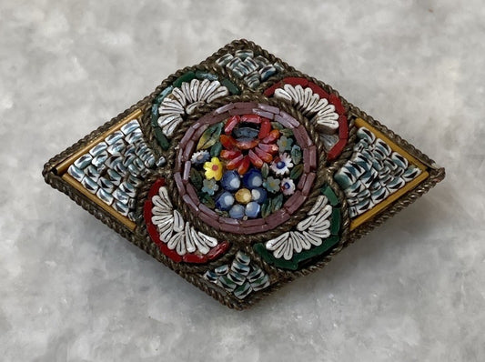 Antique Italian Glass Micro Mosaic Brooch Gold Tone Metal Jewellery Floral Italy