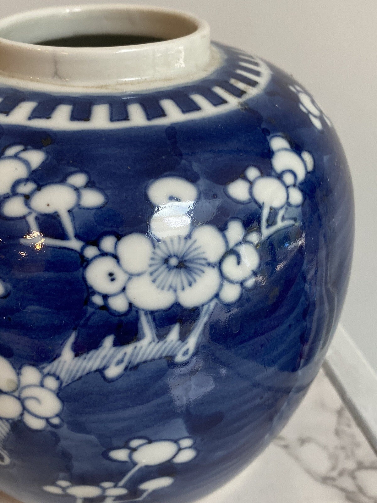 Antique Chinese Blue And White Prunus Ginger Jar Kangxi Double Ring Mark Asian