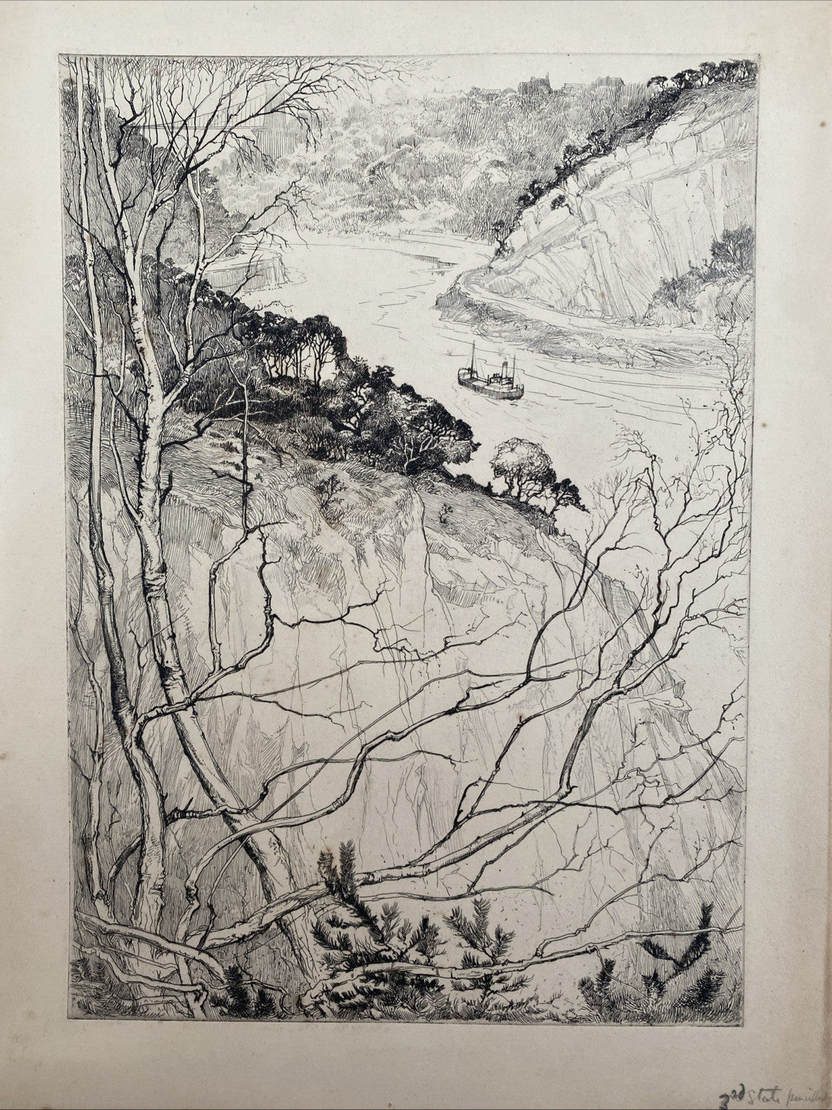 Rare Antique Original Etching Bristol Clifton Suspension Bridge River Avon Ship