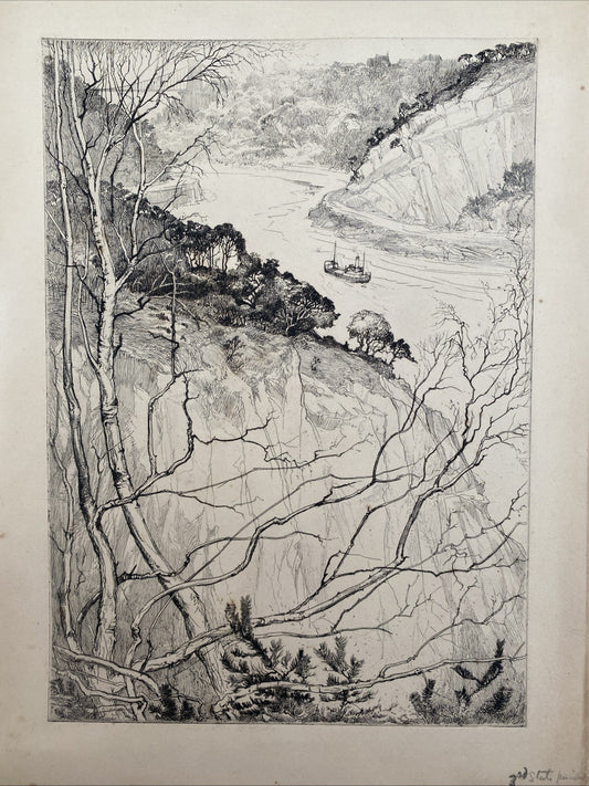 Rare Antique Original Etching Bristol Clifton Suspension Bridge River Avon Ship