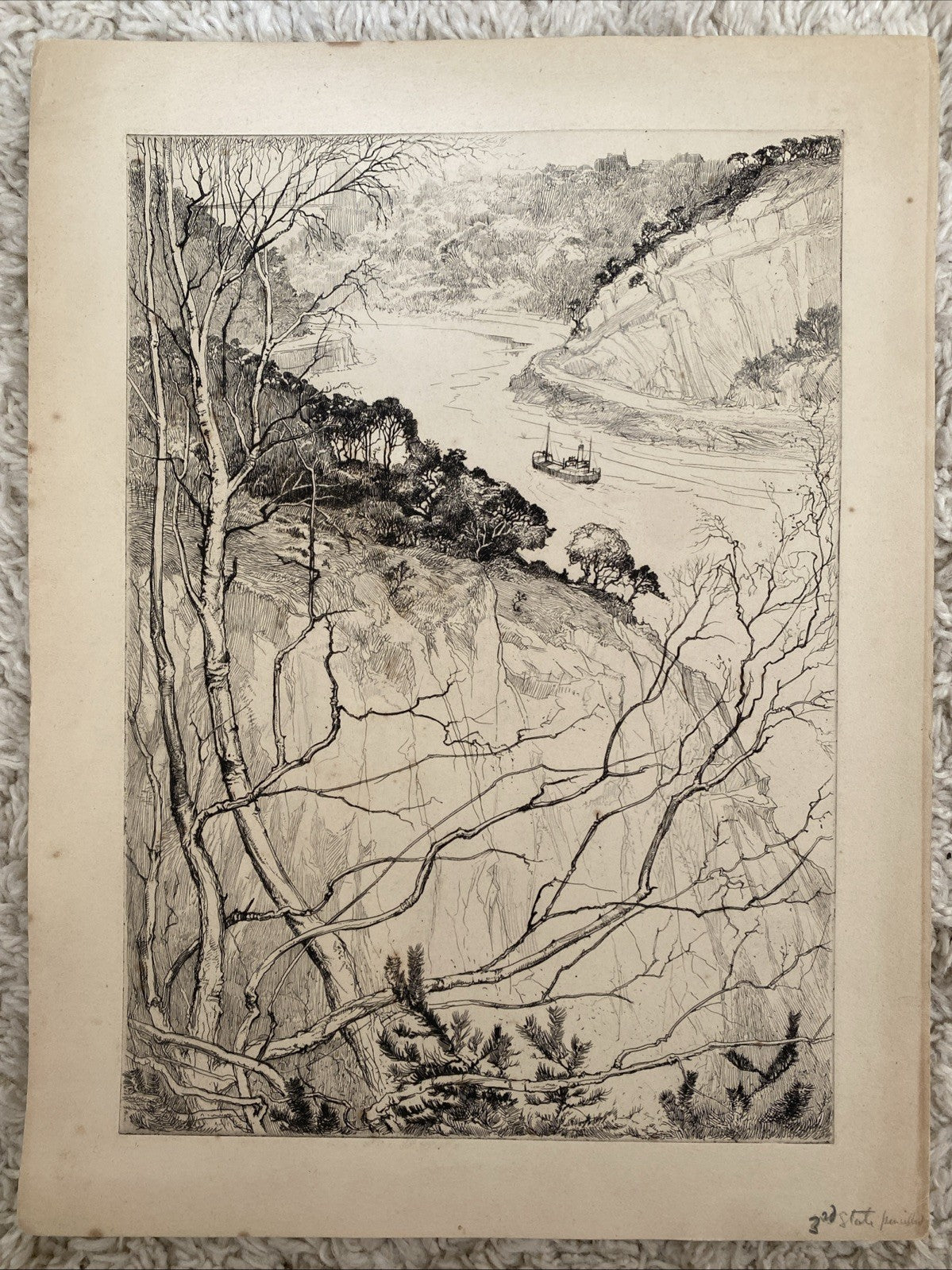 Rare Antique Original Etching Bristol Clifton Suspension Bridge River Avon Ship