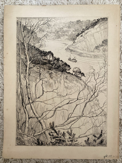 Rare Antique Original Etching Bristol Clifton Suspension Bridge River Avon Ship