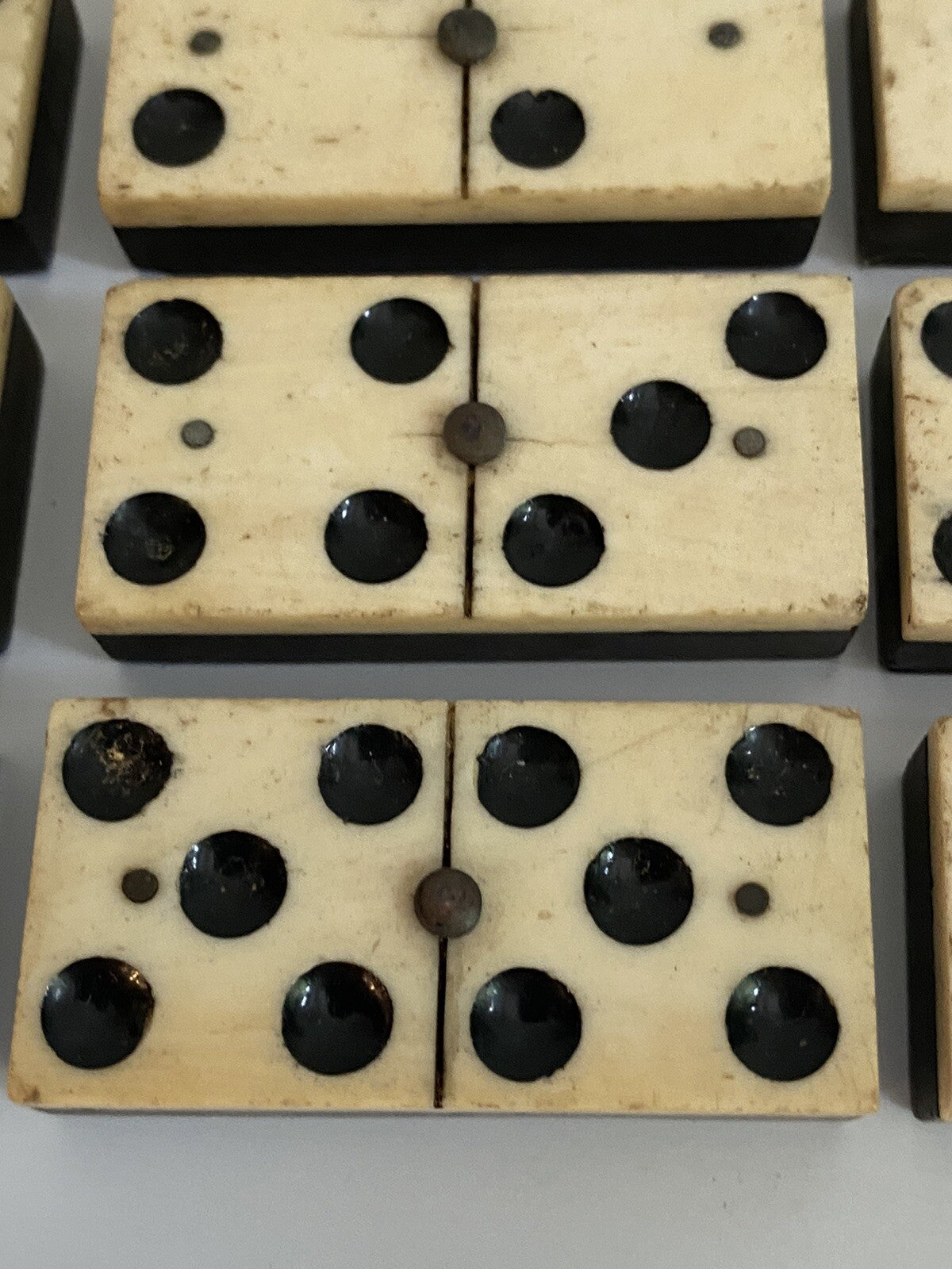 Antique Vintage 28 Bone & Ebony Dominos with Brass Pins Full Set In Box 19th C
