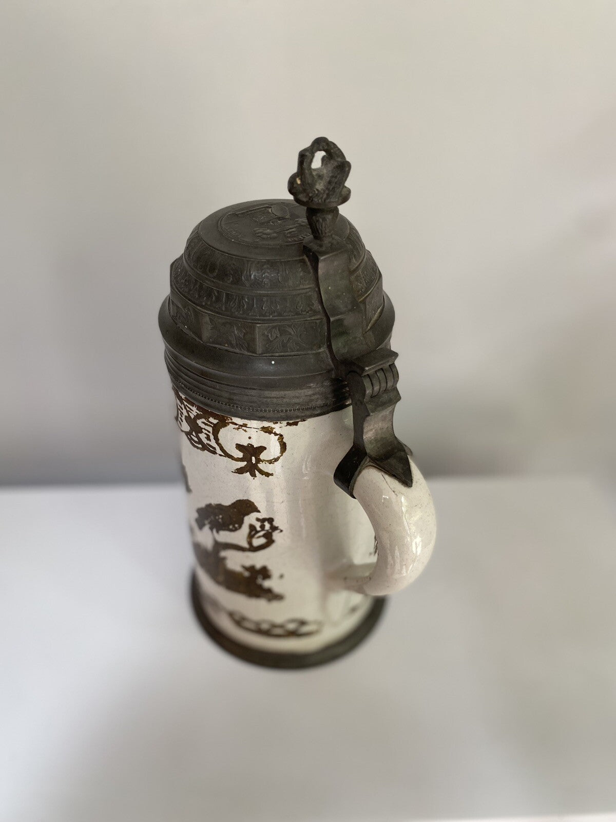 Rare Antique German Faience Pewter Beer Stein Schrezheim Factory Cold Painted