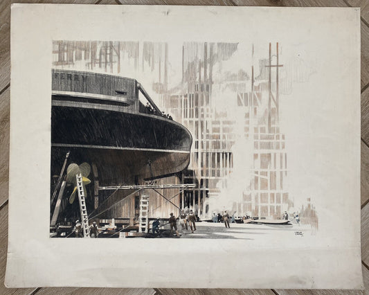 Original Leslie Carr Painting Ferry In Docks Ship Art Deco Poster Design
