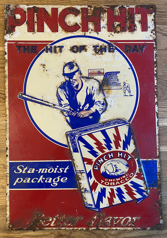 Original Vintage Antique Pinch Hit Chewing Tobacco Baseball Tin Sign Not Enamel