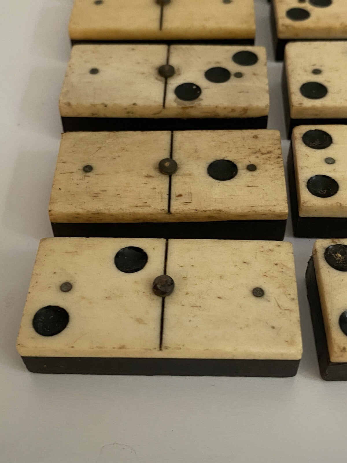 Antique Vintage 28 Bone & Ebony Dominos with Brass Pins Full Set In Box 19th C