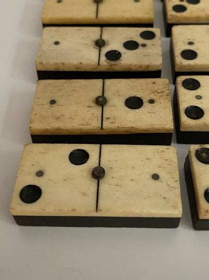 Antique Vintage 28 Bone & Ebony Dominos with Brass Pins Full Set In Box 19th C