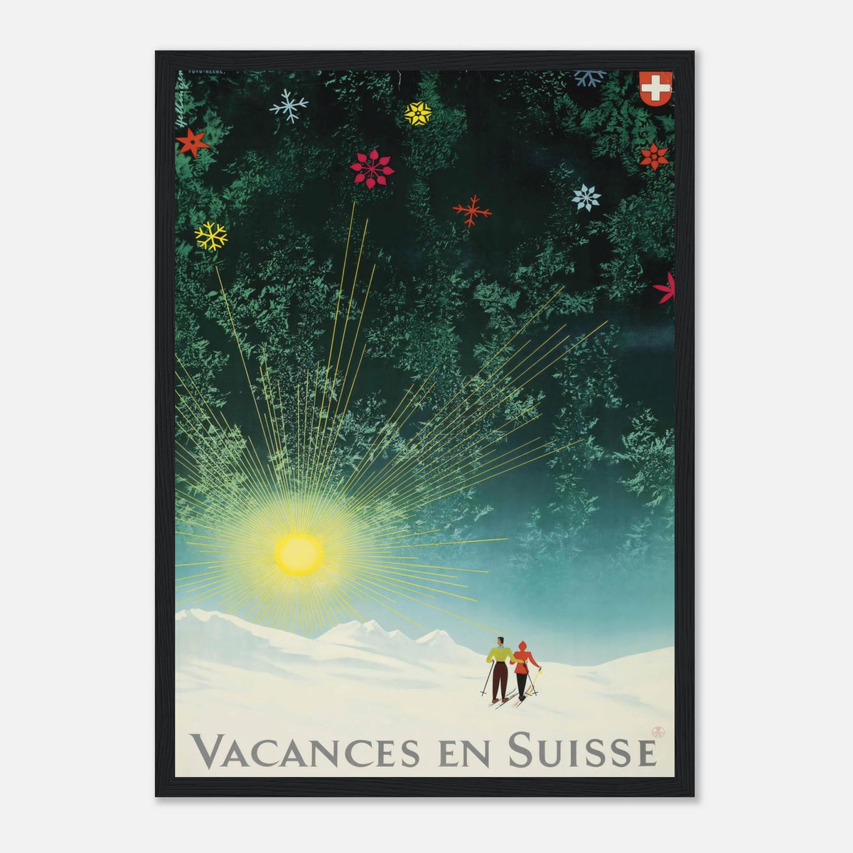 Vintage Vacances en Suisse sunburst and snowy pines Swiss by Donald Brun vintage ski and travel advertising poster print.