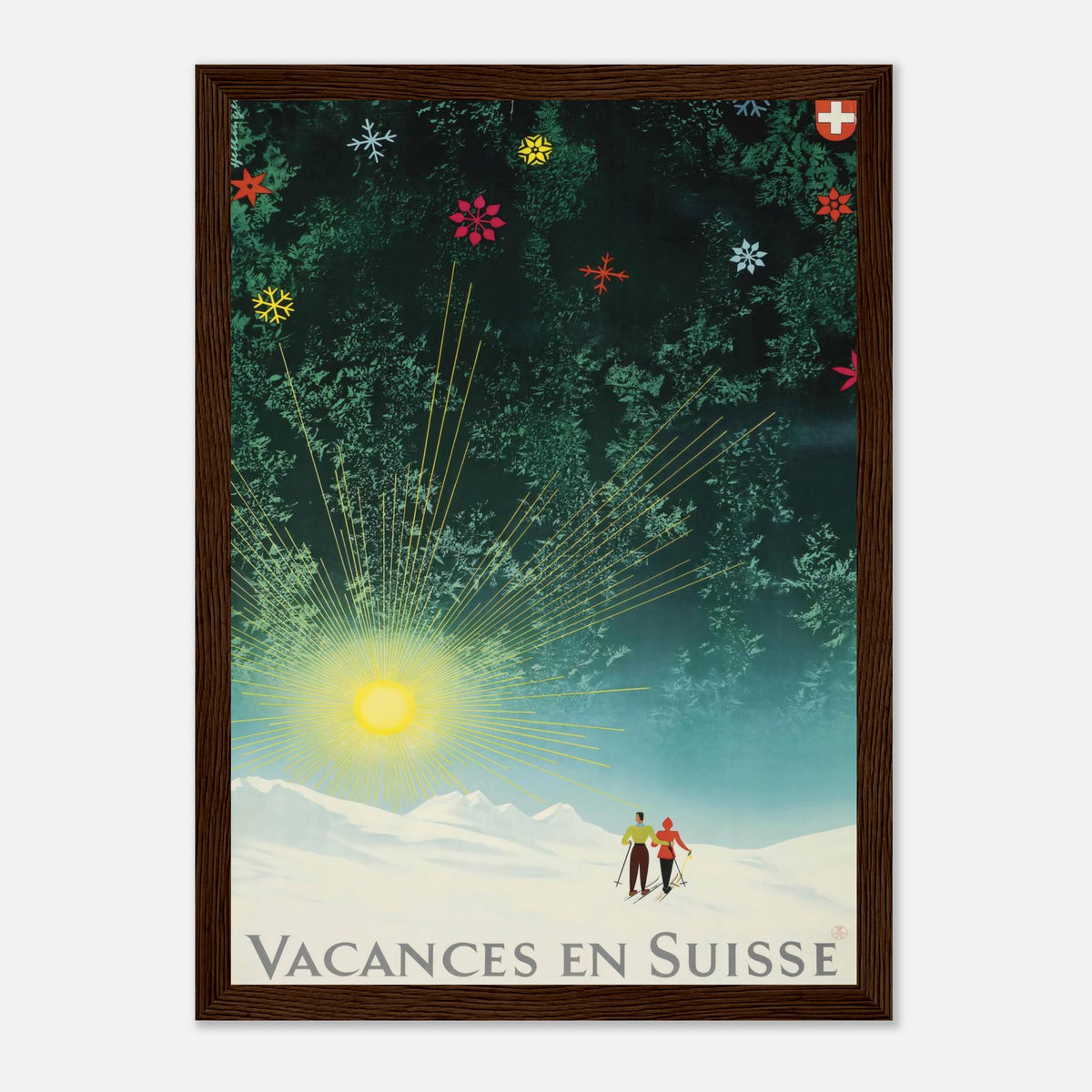 Vintage Vacances en Suisse sunburst and snowy pines Swiss by Donald Brun vintage ski and travel advertising poster print.