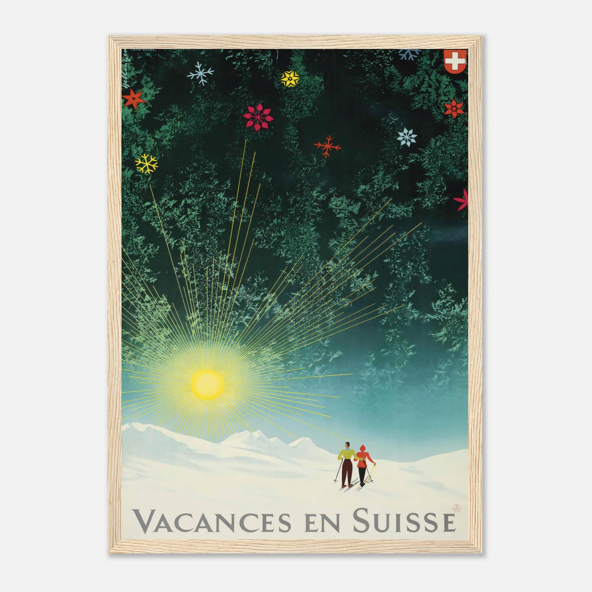 Vintage Vacances en Suisse sunburst and snowy pines Swiss by Donald Brun vintage ski and travel advertising poster print.